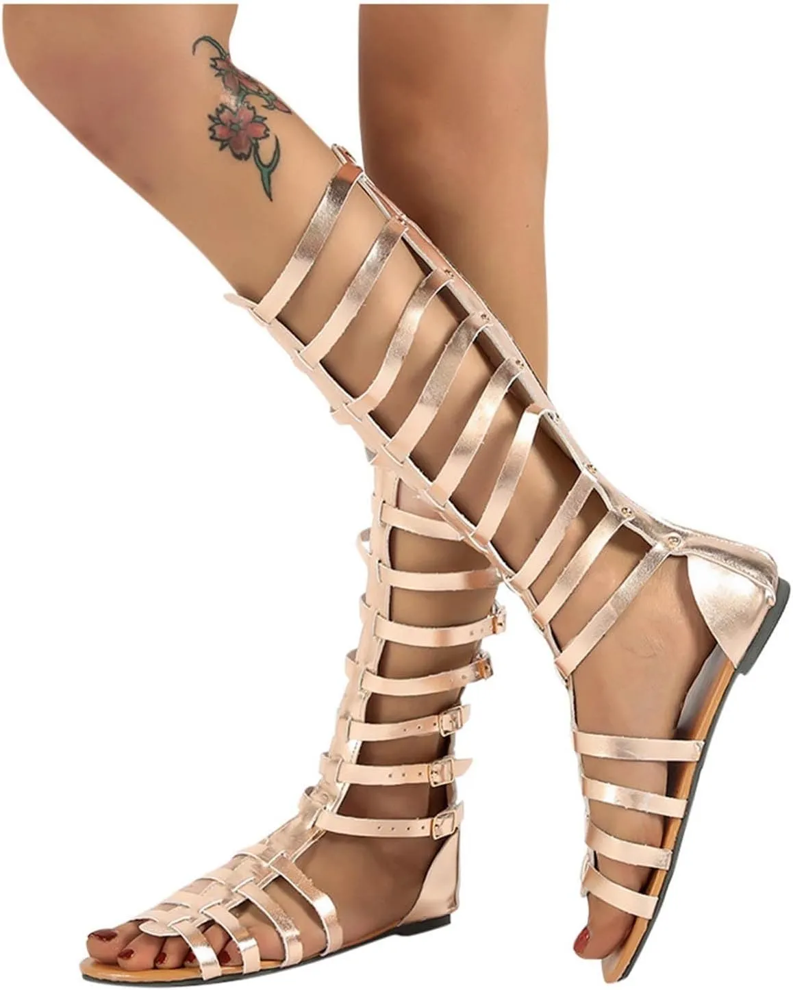 Gladiator Sandals for Women Tall Strappy Knee High Roman Buckled Flat Open Toe Lace Up Statement Summer Style