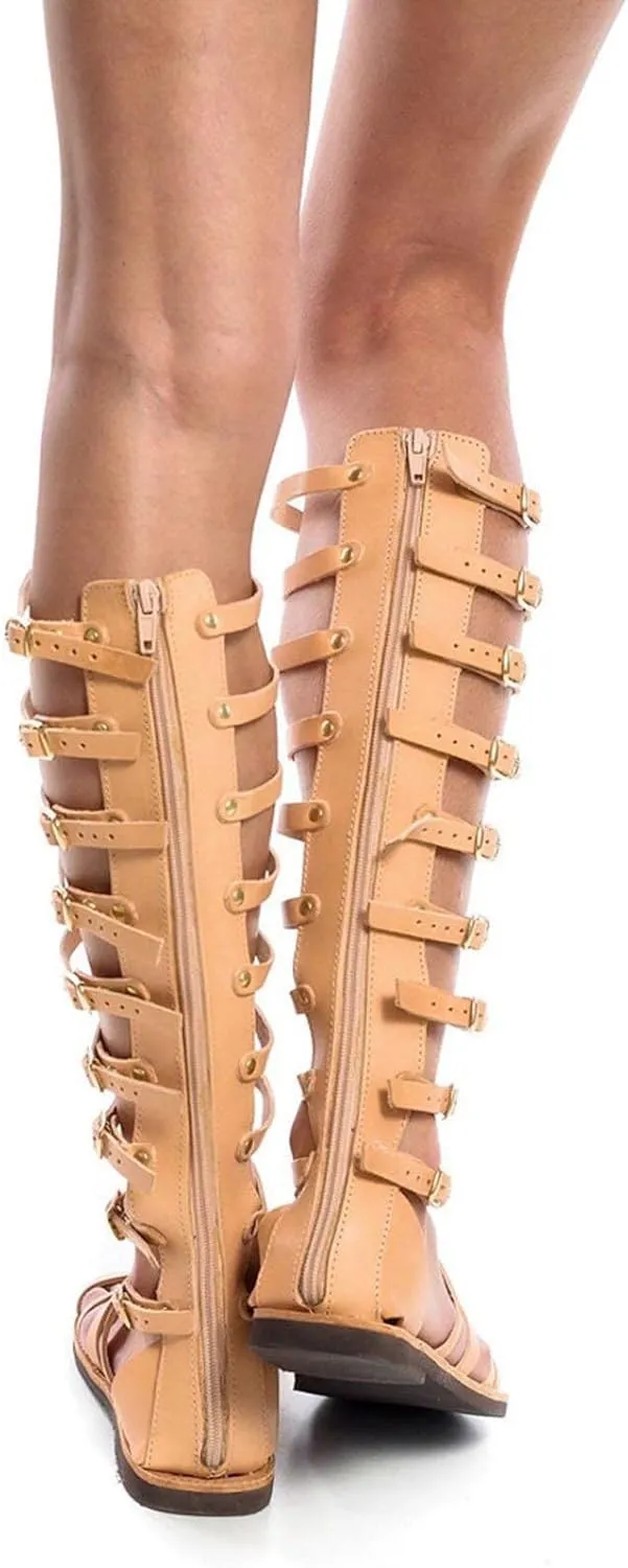 Gladiator Sandals for Women Tall Strappy Knee High Roman Buckled Flat Open Toe Lace Up Statement Summer Style