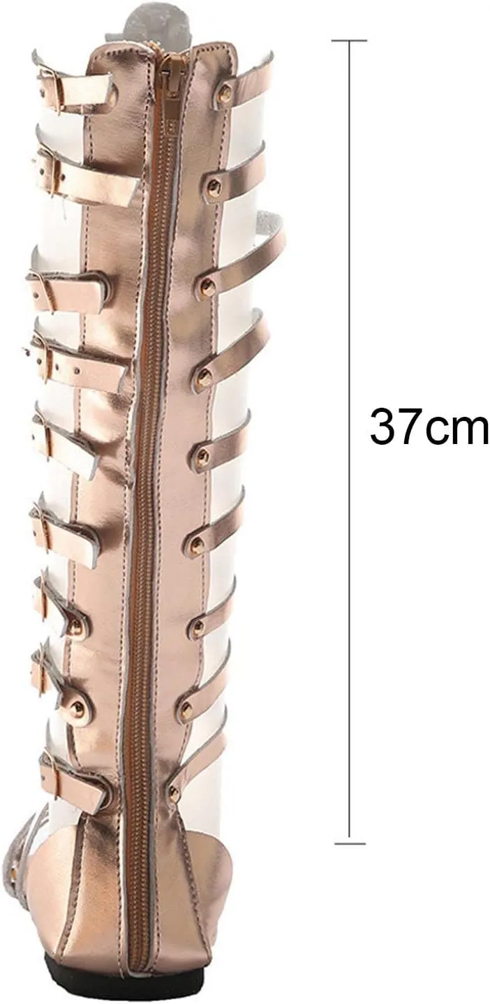 Gladiator Sandals for Women Tall Strappy Knee High Roman Buckled Flat Open Toe Lace Up Statement Summer Style