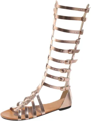 Gladiator Sandals for Women Tall Strappy Knee High Roman Buckled Flat Open Toe Lace Up Statement Summer Style