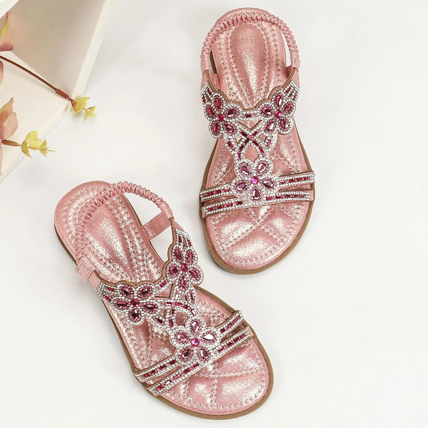 Glitter Sandals Girls Ankle Strap T-Strap 𝐋𝐨𝐰 Heel Pearl Bow Flower Pump Dress Wedding Shoes for Little Kid/Big Kid