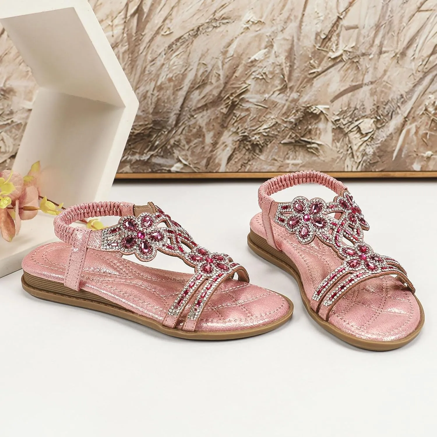 Glitter Sandals Girls Ankle Strap T-Strap 𝐋𝐨𝐰 Heel Pearl Bow Flower Pump Dress Wedding Shoes for Little Kid/Big Kid