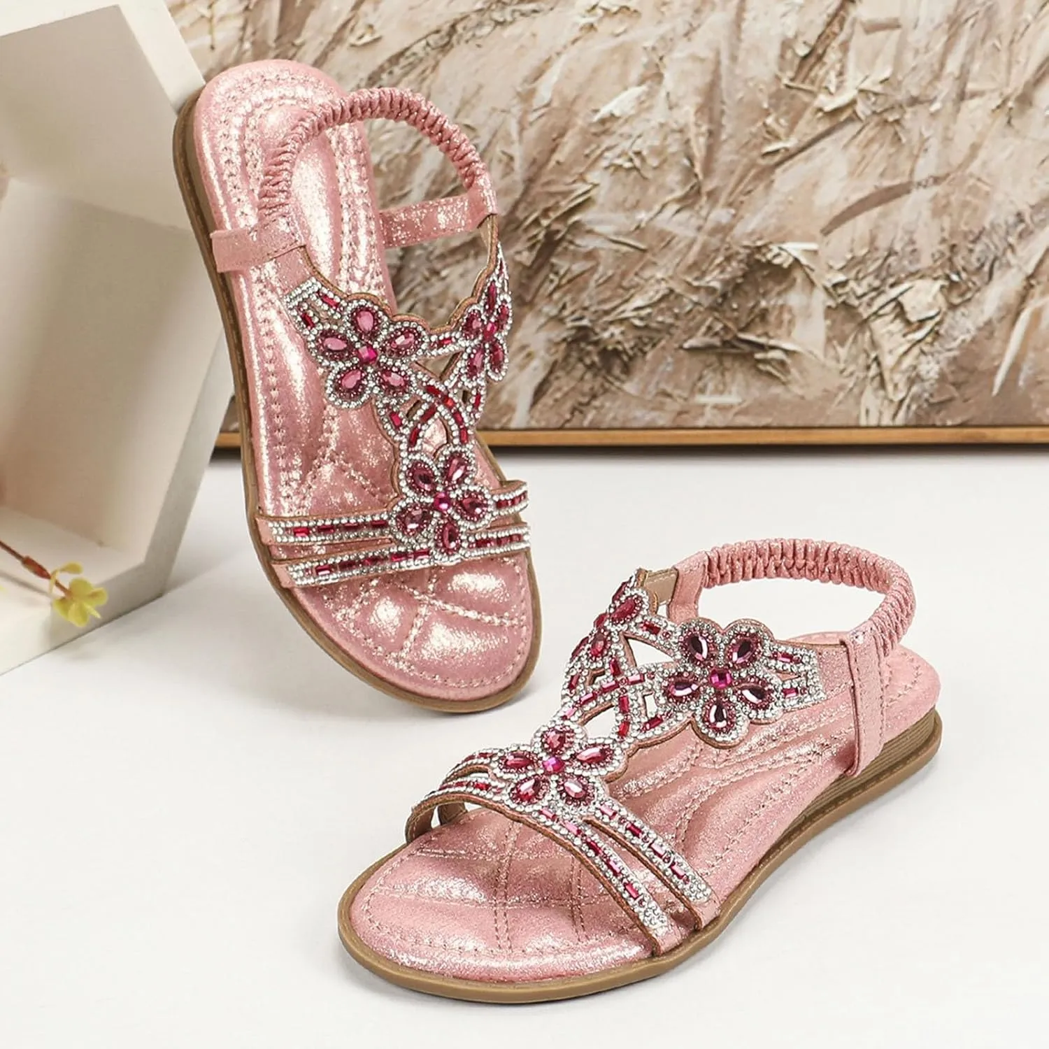 Glitter Sandals Girls Ankle Strap T-Strap 𝐋𝐨𝐰 Heel Pearl Bow Flower Pump Dress Wedding Shoes for Little Kid/Big Kid