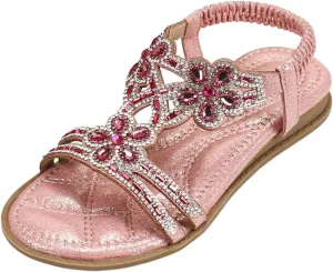 Glitter Sandals Girls Ankle Strap T-Strap 𝐋𝐨𝐰 Heel Pearl Bow Flower Pump Dress Wedding Shoes for Little Kid/Big Kid
