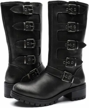 GLOBALWIN Chunky Mid Calf Fashion Dressy Motocycle Biker Military Style Combat Boots for Women Low Heel