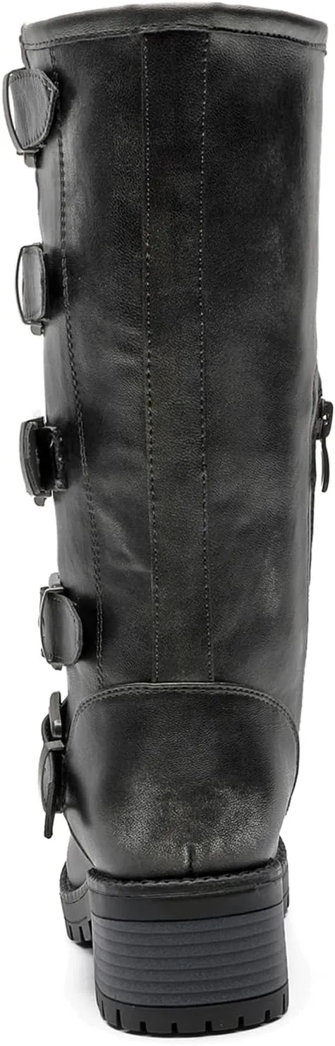 GLOBALWIN Chunky Mid Calf Fashion Dressy Motocycle Biker Military Style Combat Boots for Women Low Heel