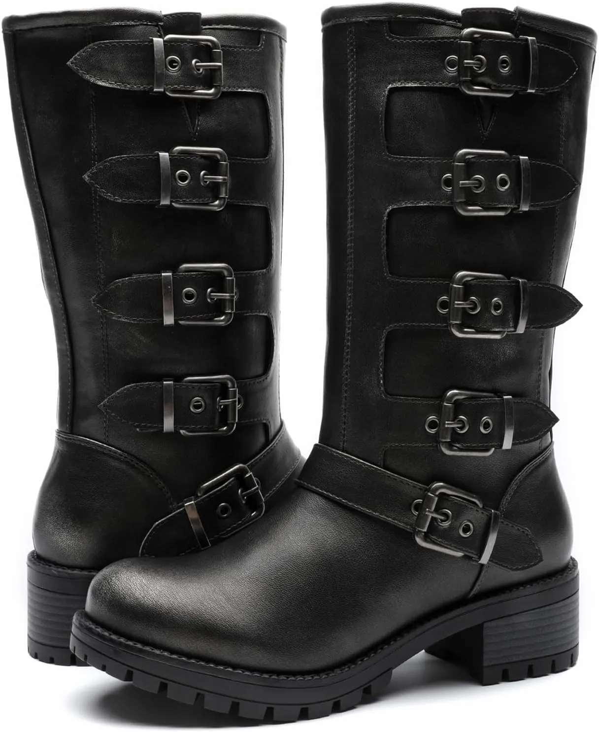 GLOBALWIN Chunky Mid Calf Fashion Dressy Motocycle Biker Military Style Combat Boots for Women Low Heel