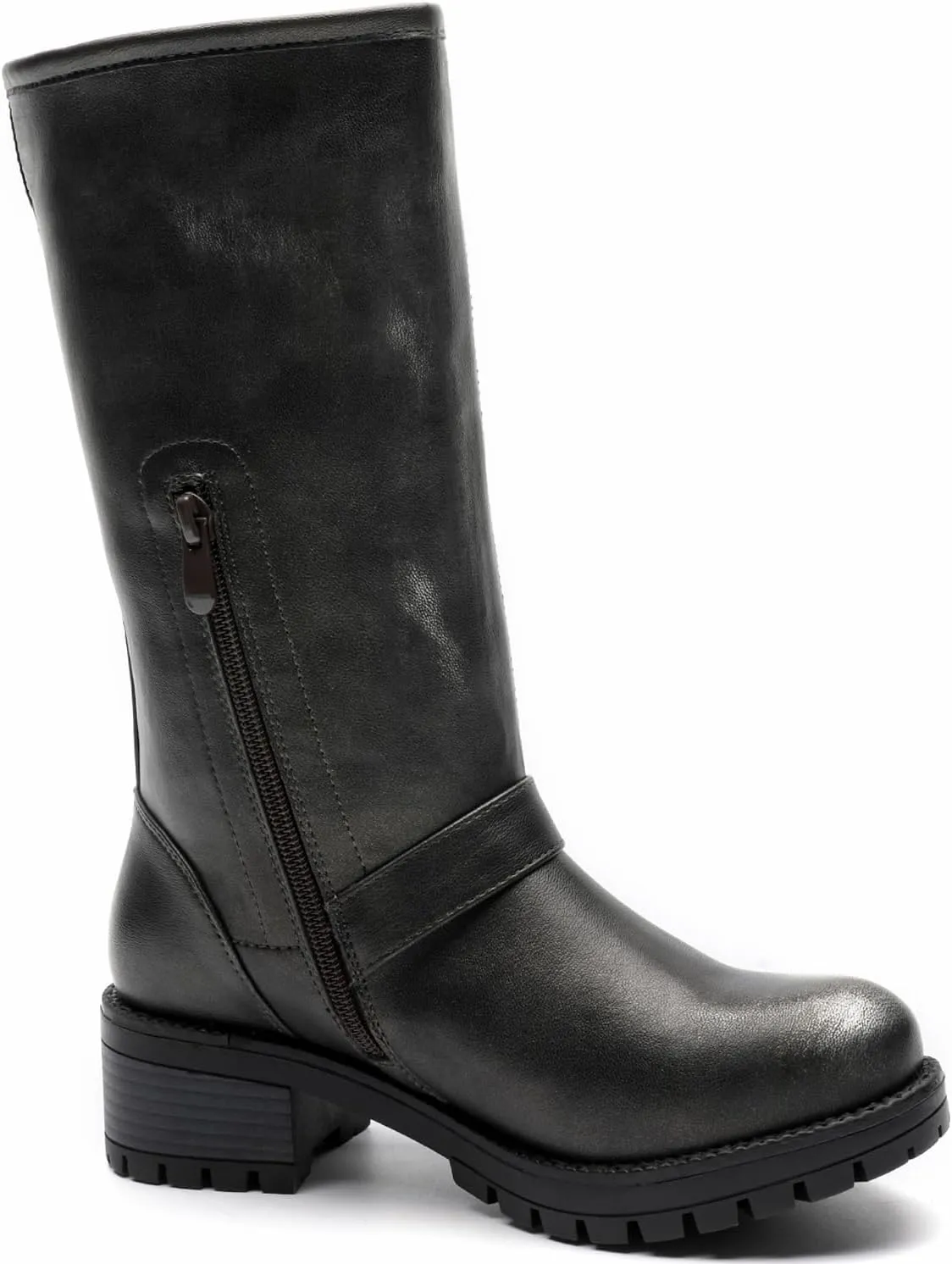 GLOBALWIN Chunky Mid Calf Fashion Dressy Motocycle Biker Military Style Combat Boots for Women Low Heel