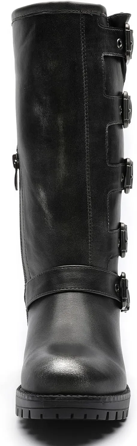 GLOBALWIN Chunky Mid Calf Fashion Dressy Motocycle Biker Military Style Combat Boots for Women Low Heel