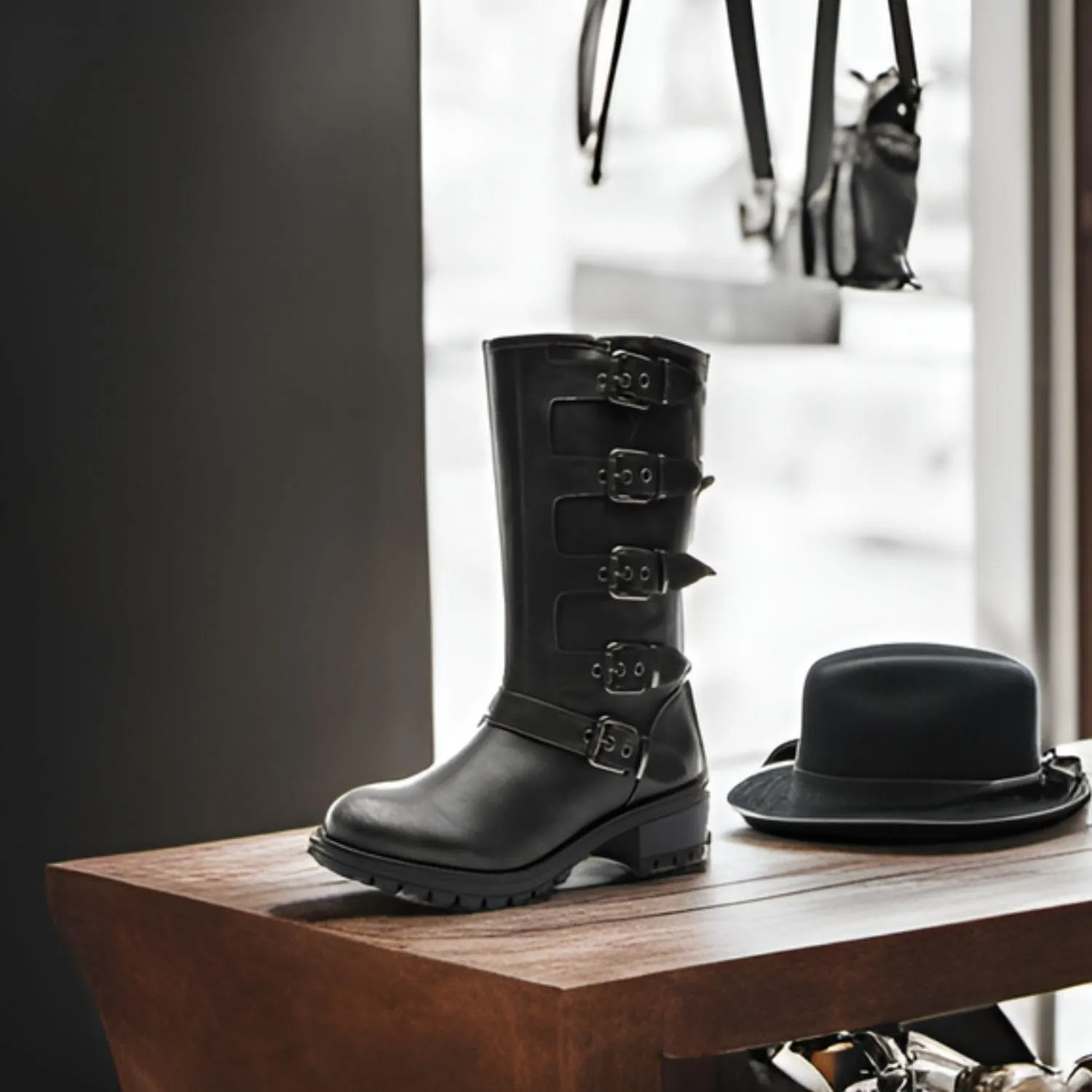 GLOBALWIN Chunky Mid Calf Fashion Dressy Motocycle Biker Military Style Combat Boots for Women Low Heel