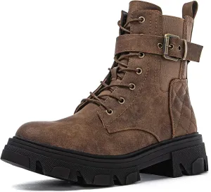 GLOBALWIN Women's Combat Boots Lace Up Ankle Booties Comfortable Lug Sole Boots For Women Chunky Low Heel