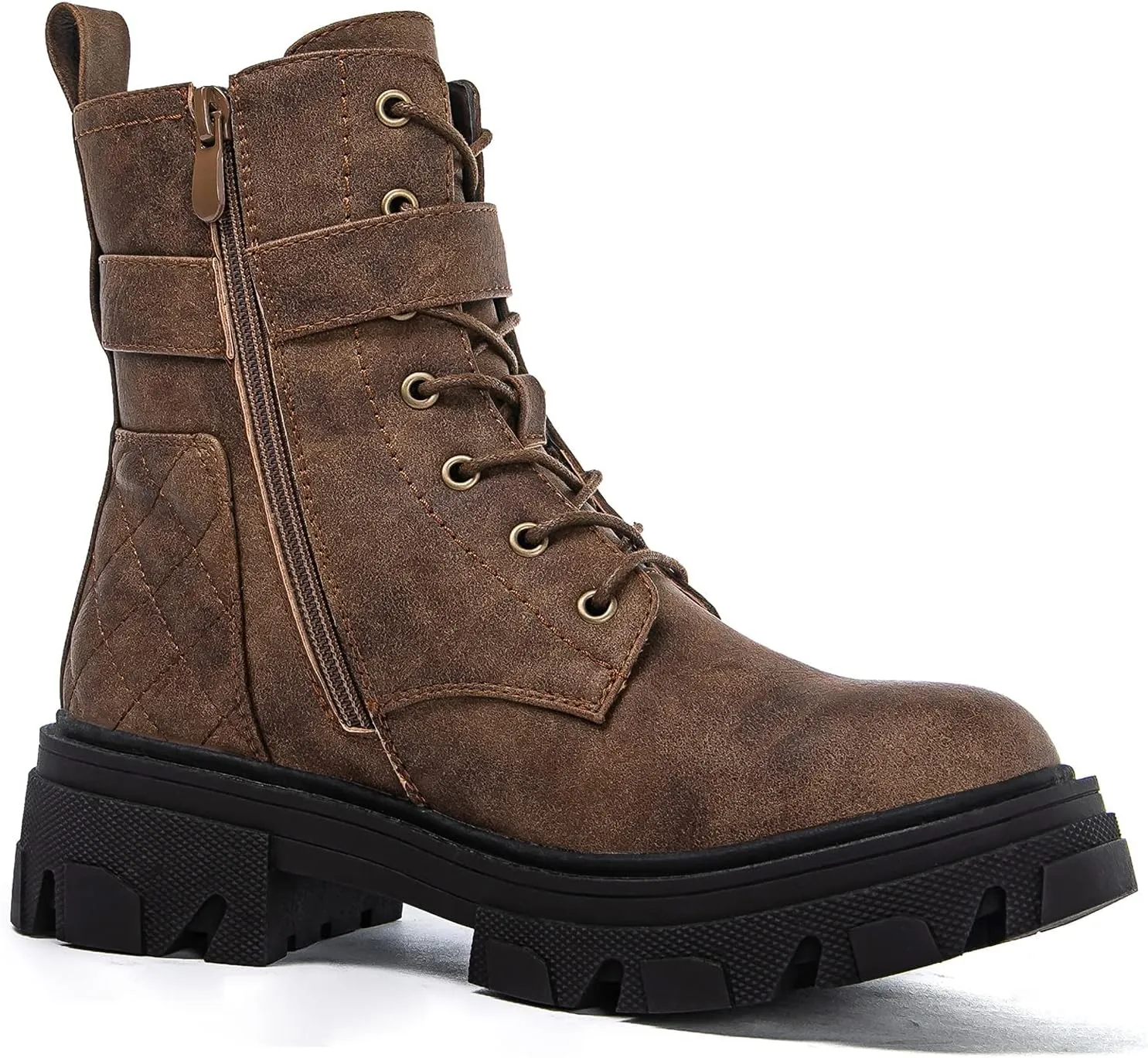 GLOBALWIN Women's Combat Boots Lace Up Ankle Booties Comfortable Lug Sole Boots For Women Chunky Low Heel