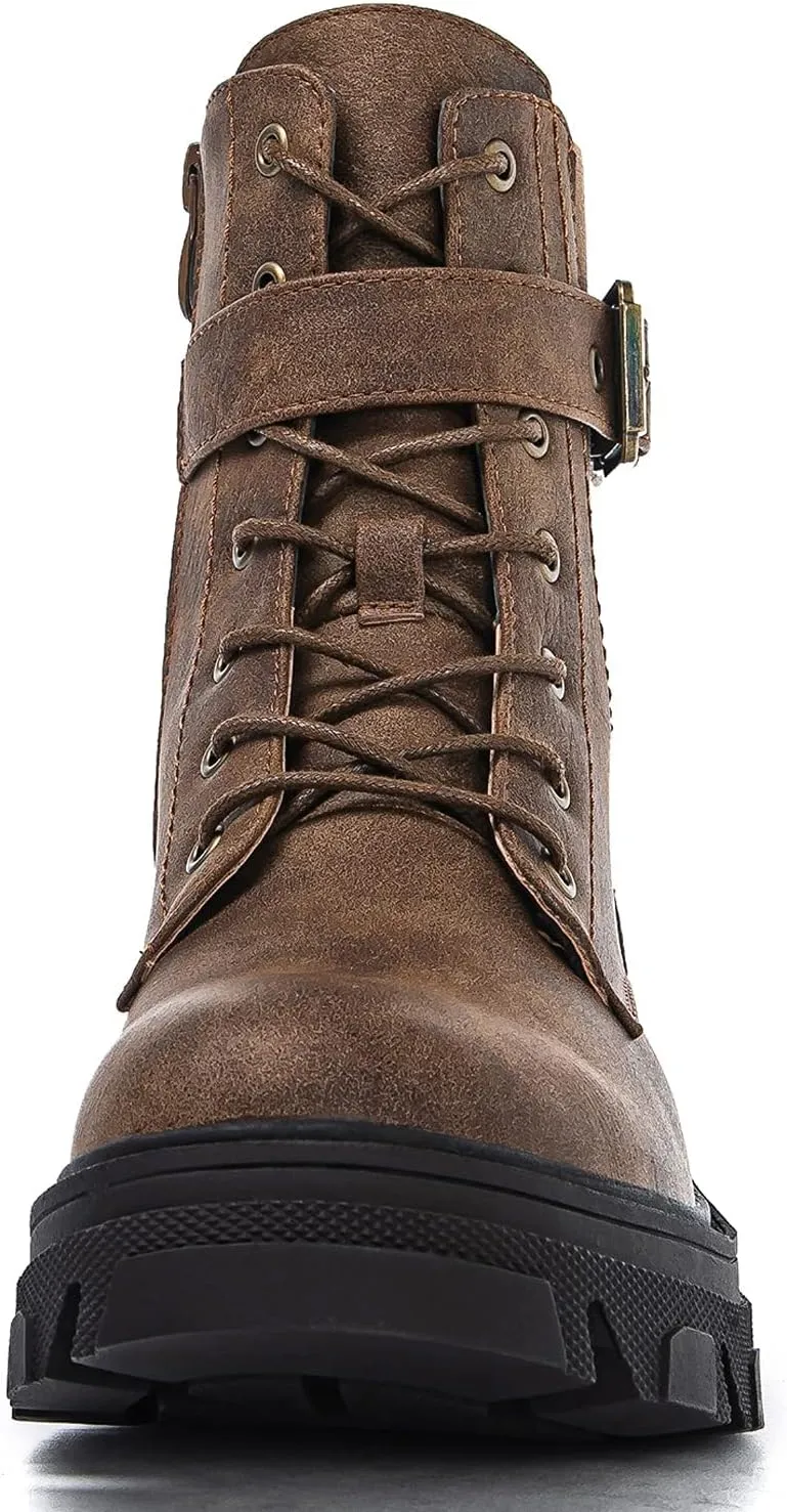GLOBALWIN Women's Combat Boots Lace Up Ankle Booties Comfortable Lug Sole Boots For Women Chunky Low Heel