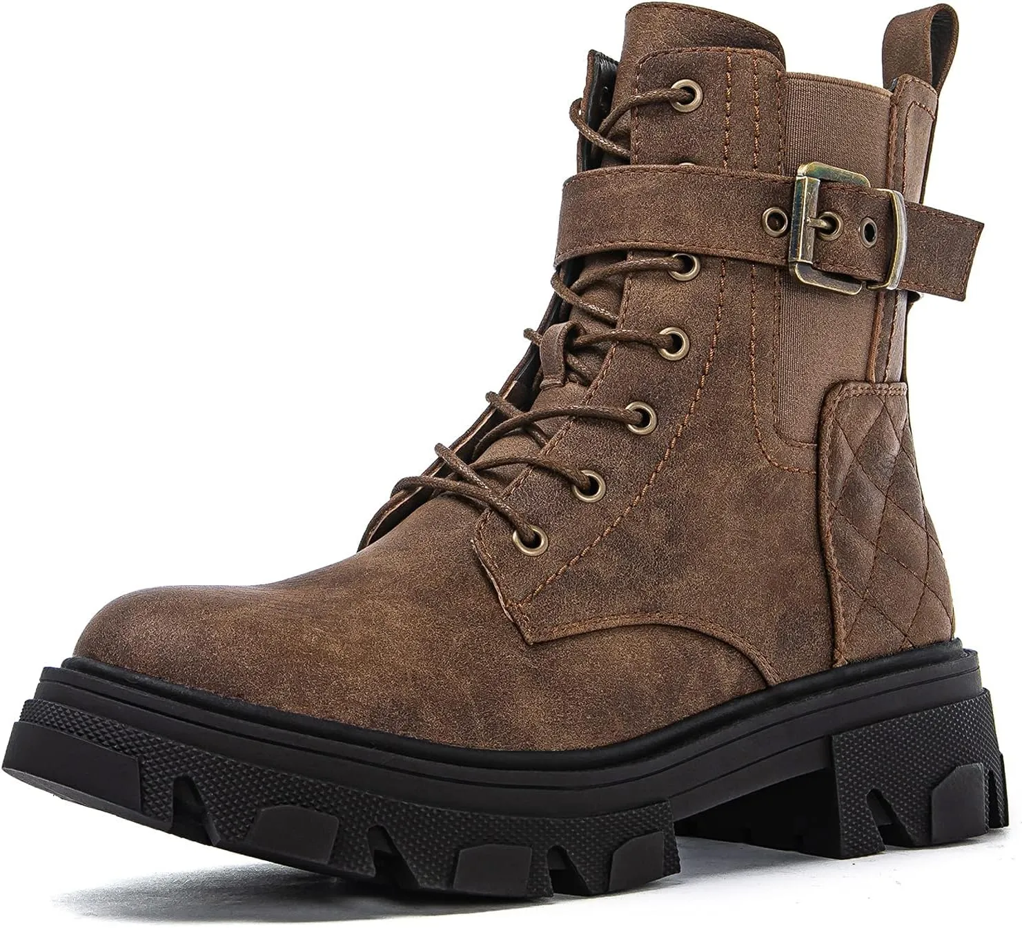 GLOBALWIN Women's Combat Boots Lace Up Ankle Booties Comfortable Lug Sole Boots For Women Chunky Low Heel