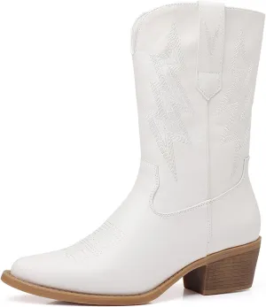 GLOBALWIN Women's Mid Calf Western Cowboy Cowgirl Pointed Toe Boots With Chunky Low Heels