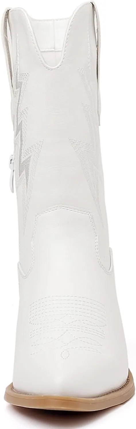 GLOBALWIN Women's Mid Calf Western Cowboy Cowgirl Pointed Toe Boots With Chunky Low Heels