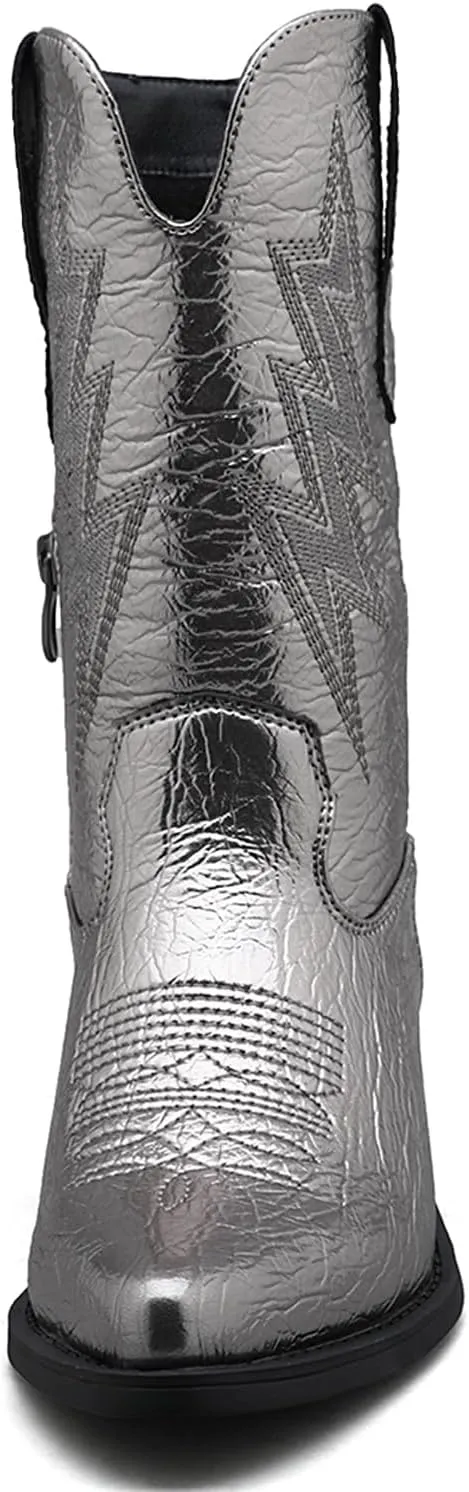 GLOBALWIN Women's Mid Calf Western Cowboy Cowgirl Pointed Toe Boots With Chunky Low Heels