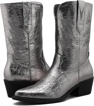 GLOBALWIN Women's Mid Calf Western Cowboy Cowgirl Pointed Toe Boots With Chunky Low Heels