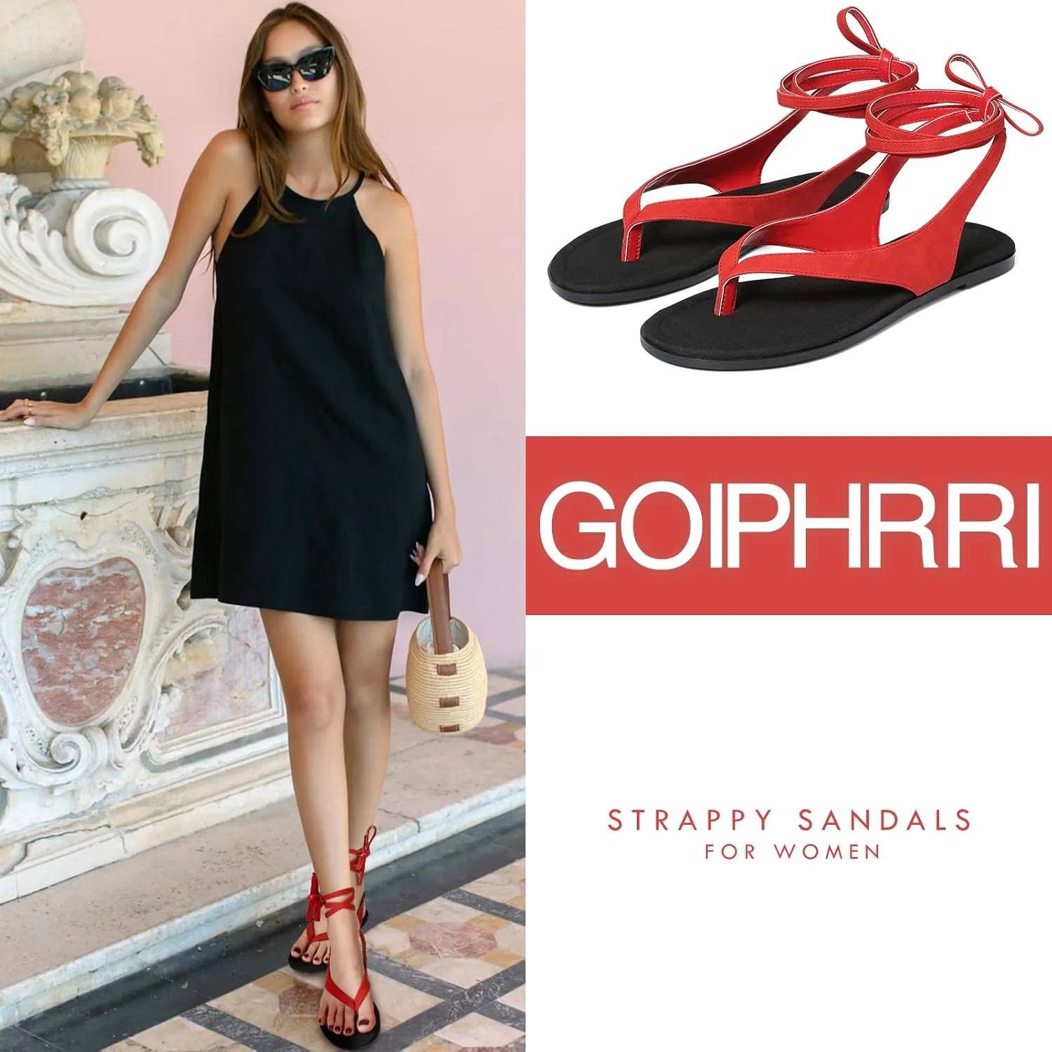Goiphrri Flat Sandals for Women Dressy Comfortable Soft Lace Up Strappy Sandals Round Toe Thong Sandals for Women Flip Flop Sandals Casual Fashion Cute Summer Beach