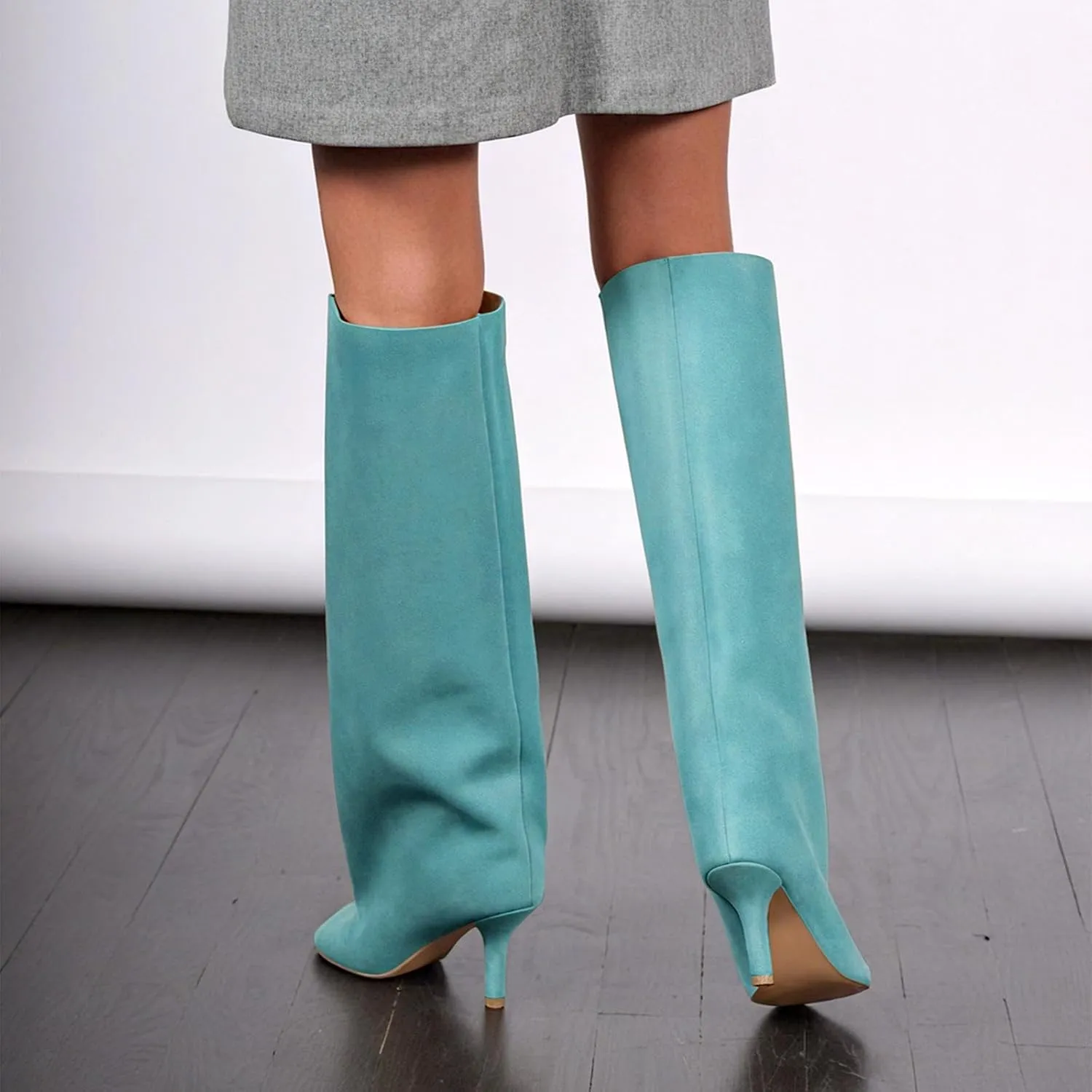 GORBINETI Women Suede Knee High Square Split Toe Pull on Stiletto Heels Fashion Dress Wedding Boots