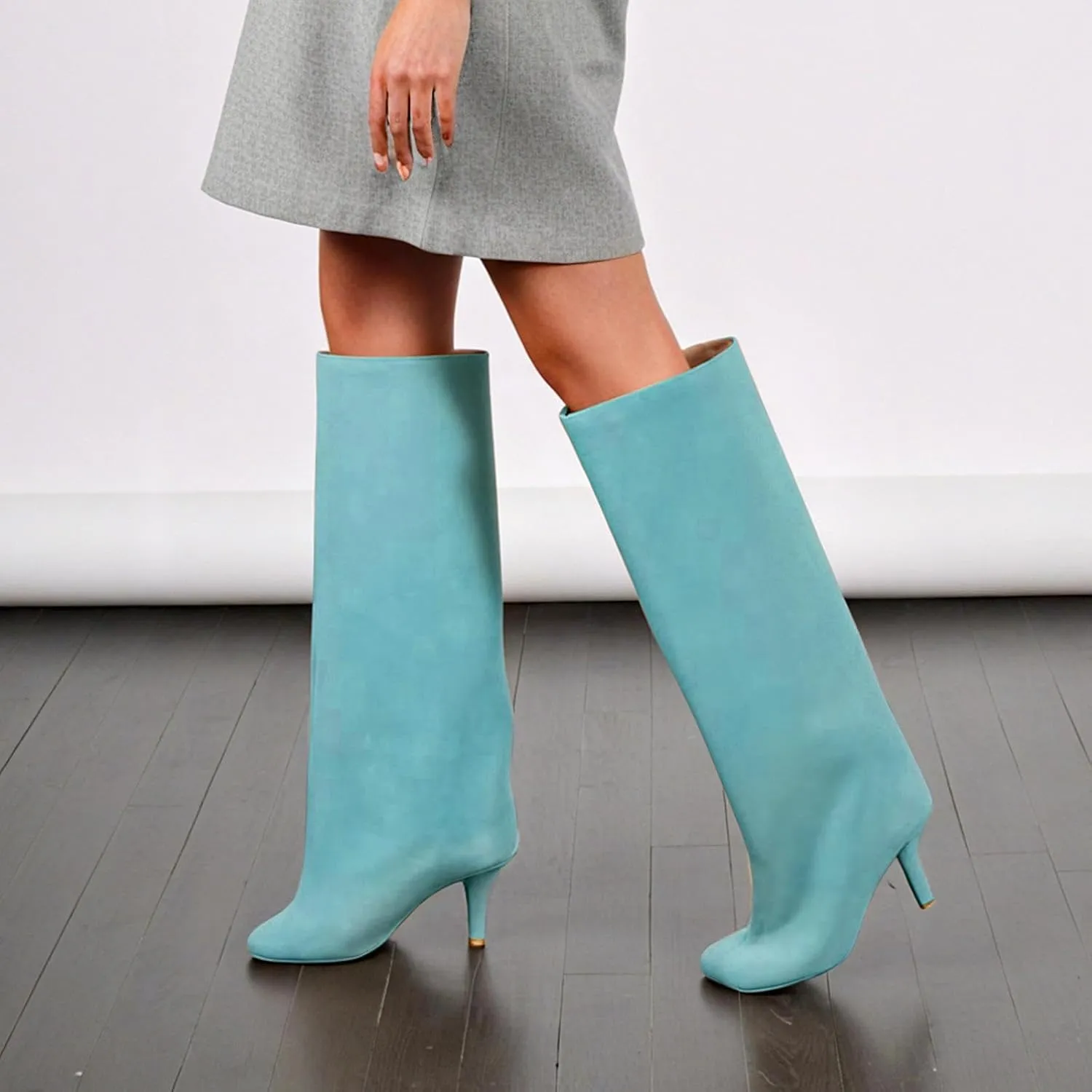 GORBINETI Women Suede Knee High Square Split Toe Pull on Stiletto Heels Fashion Dress Wedding Boots