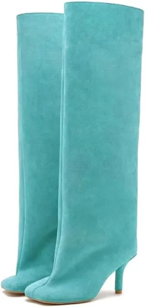GORBINETI Women Suede Knee High Square Split Toe Pull on Stiletto Heels Fashion Dress Wedding Boots