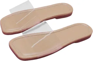 GORGLITTER Girl's Clear Sandals Dressy Flat Sandals PU Leather Open Toe Slip On Slide Sandals Beige Clear 4