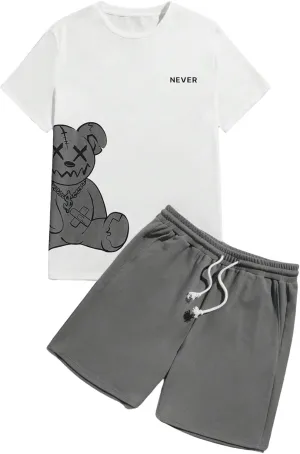 GORGLITTER Men's Letter Graphic Print T Shirts Short Sleeve Top & Shorts Casual Two Piece Sets