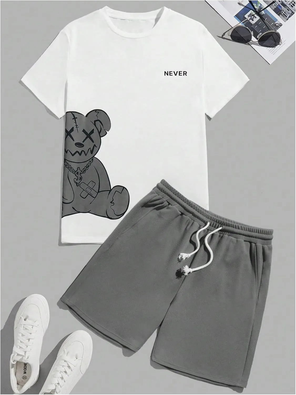 GORGLITTER Men's Letter Graphic Print T Shirts Short Sleeve Top & Shorts Casual Two Piece Sets