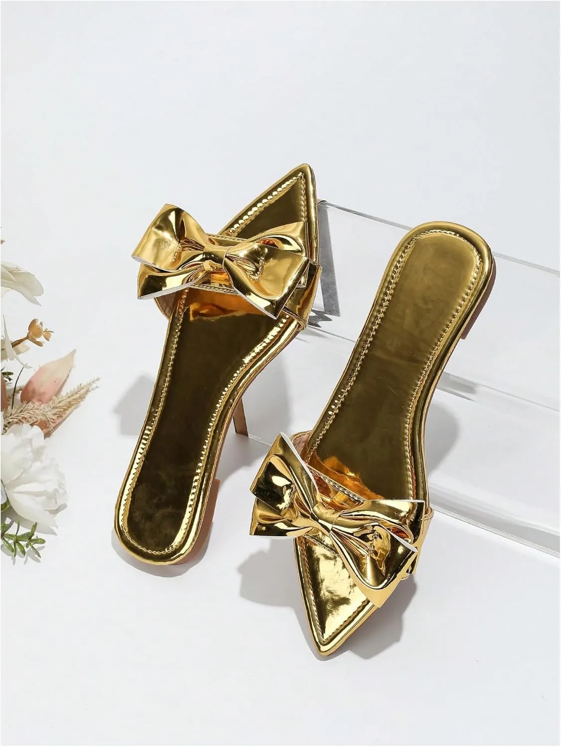 GORGLITTER Women's Bow Flat Sandals Metallic Dressy Point Open Toe Summer Slip on Slide Sandals