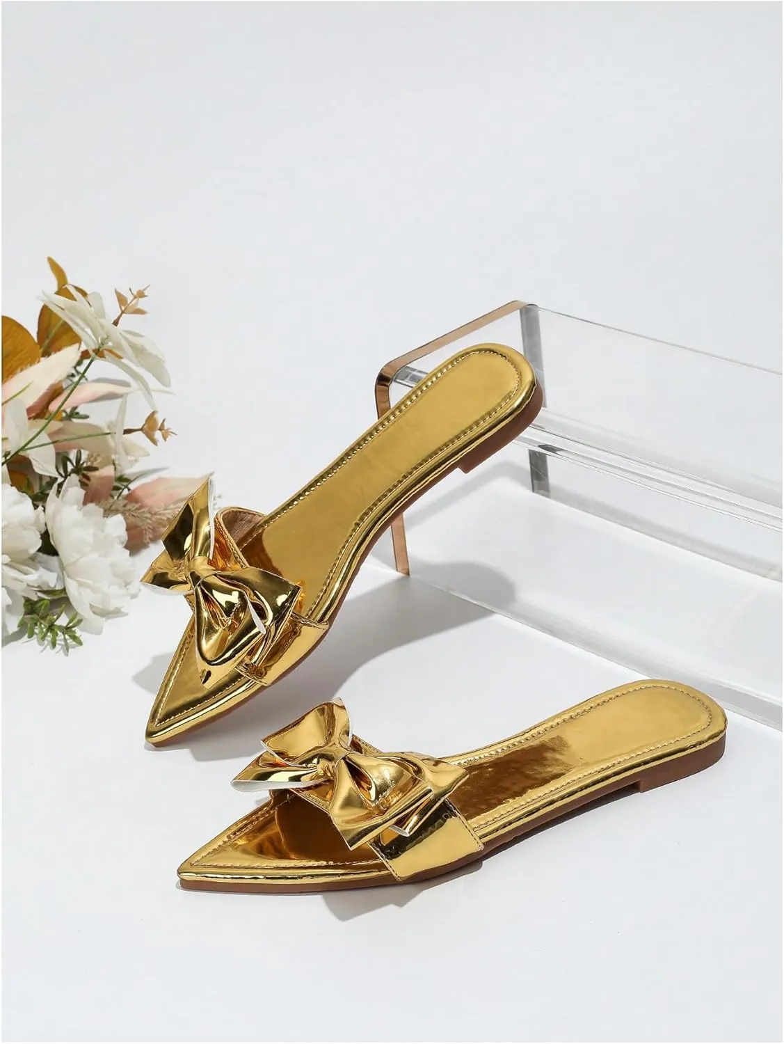 GORGLITTER Women's Bow Flat Sandals Metallic Dressy Point Open Toe Summer Slip on Slide Sandals