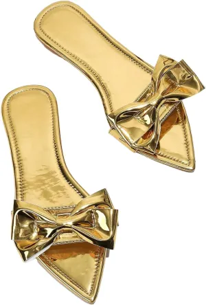 GORGLITTER Women's Bow Flat Sandals Metallic Dressy Point Open Toe Summer Slip on Slide Sandals