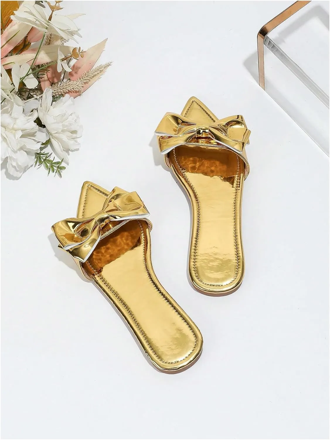 GORGLITTER Women's Bow Flat Sandals Metallic Dressy Point Open Toe Summer Slip on Slide Sandals