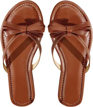 GORGLITTER Women's Bow Flat Sandals Strappy Open Toe Dressy Fancy Flip Flops Slide Sandals