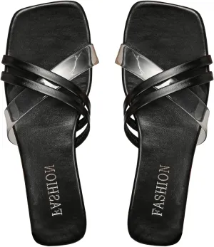 GORGLITTER Women's Clear Strappy Sandals Cross Strap Flats Slip On Sandals Summer Slide Shoes