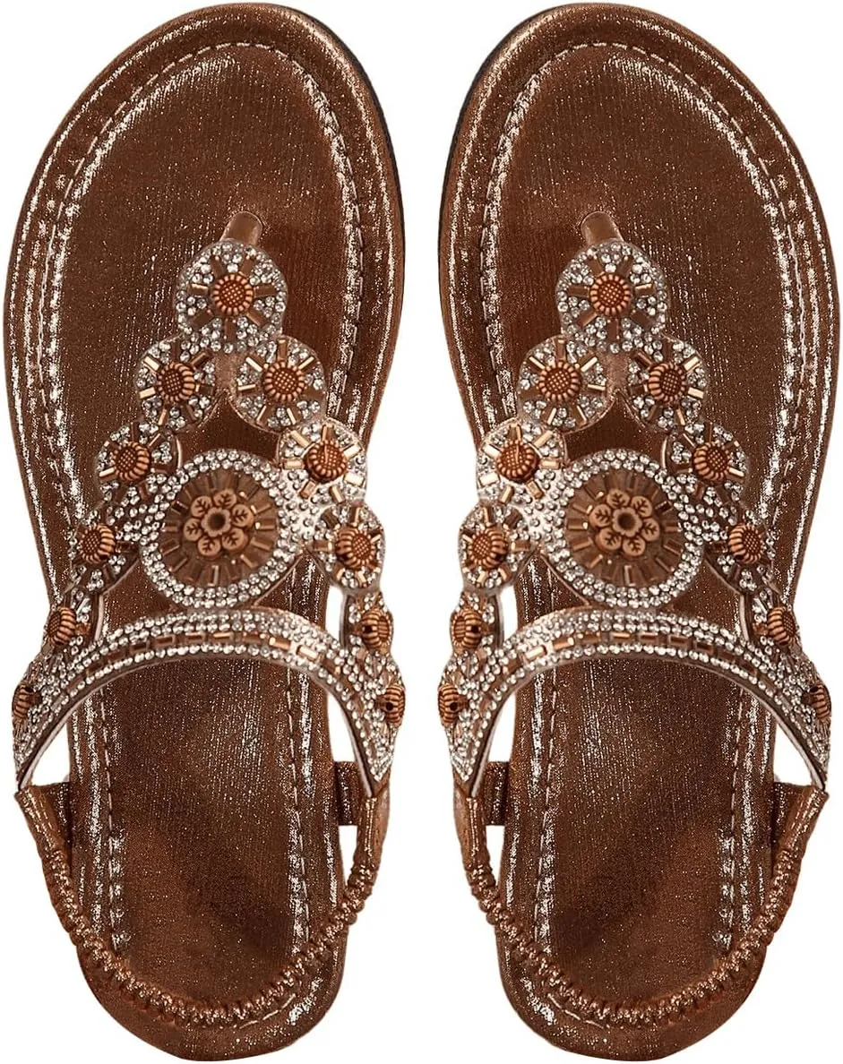 GORGLITTER Women's Floral Rhinestone Thong Flat Sandals Boho T Strap Cut Out Dressy Flip Flops