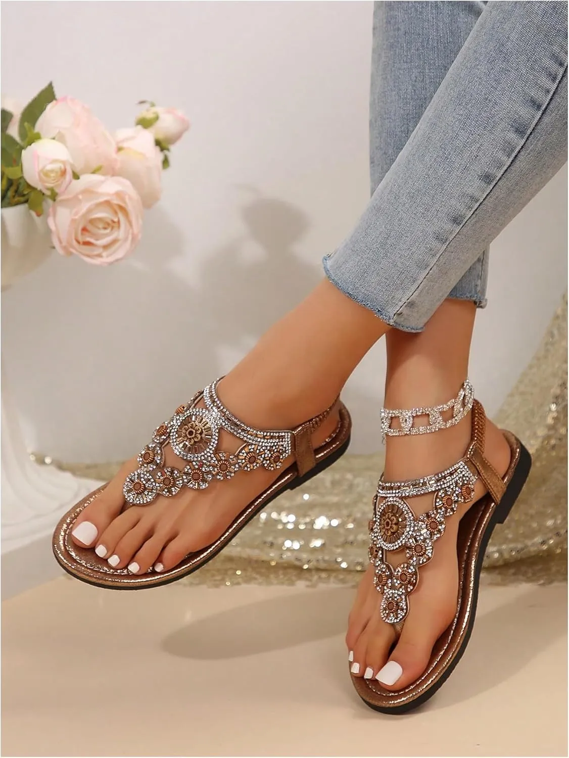 GORGLITTER Women's Floral Rhinestone Thong Flat Sandals Boho T Strap Cut Out Dressy Flip Flops