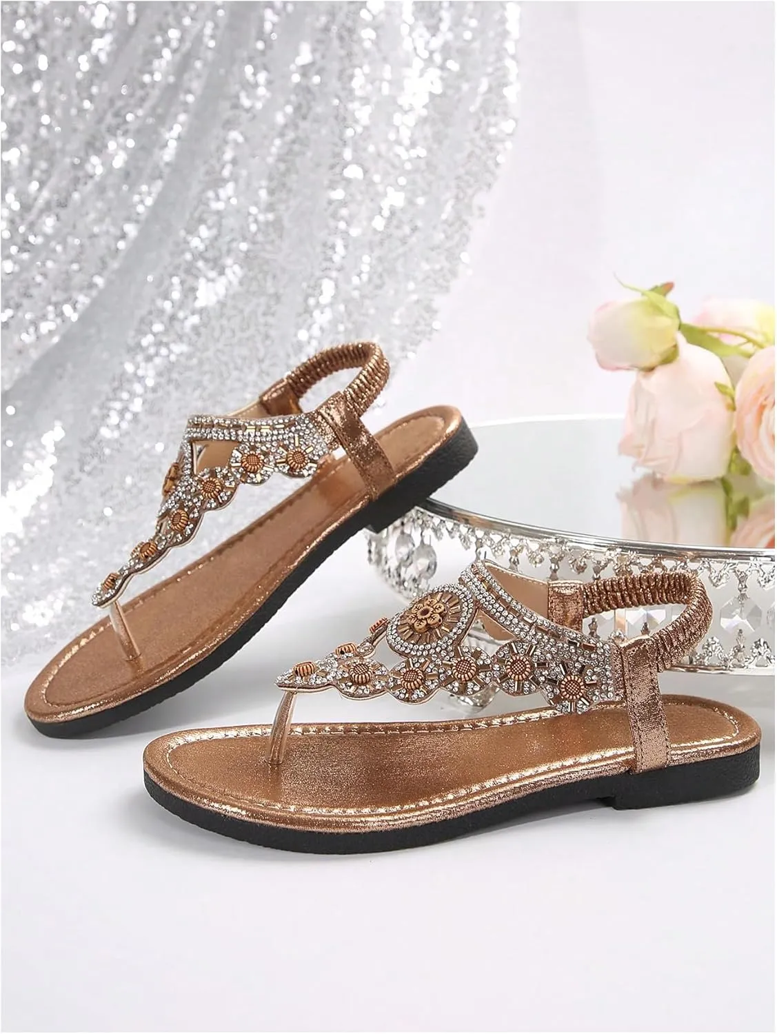 GORGLITTER Women's Floral Rhinestone Thong Flat Sandals Boho T Strap Cut Out Dressy Flip Flops