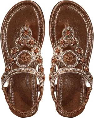 GORGLITTER Women's Floral Rhinestone Thong Flat Sandals Boho T Strap Cut Out Dressy Flip Flops