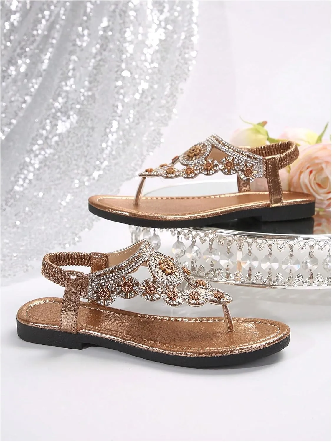 GORGLITTER Women's Floral Rhinestone Thong Flat Sandals Boho T Strap Cut Out Dressy Flip Flops