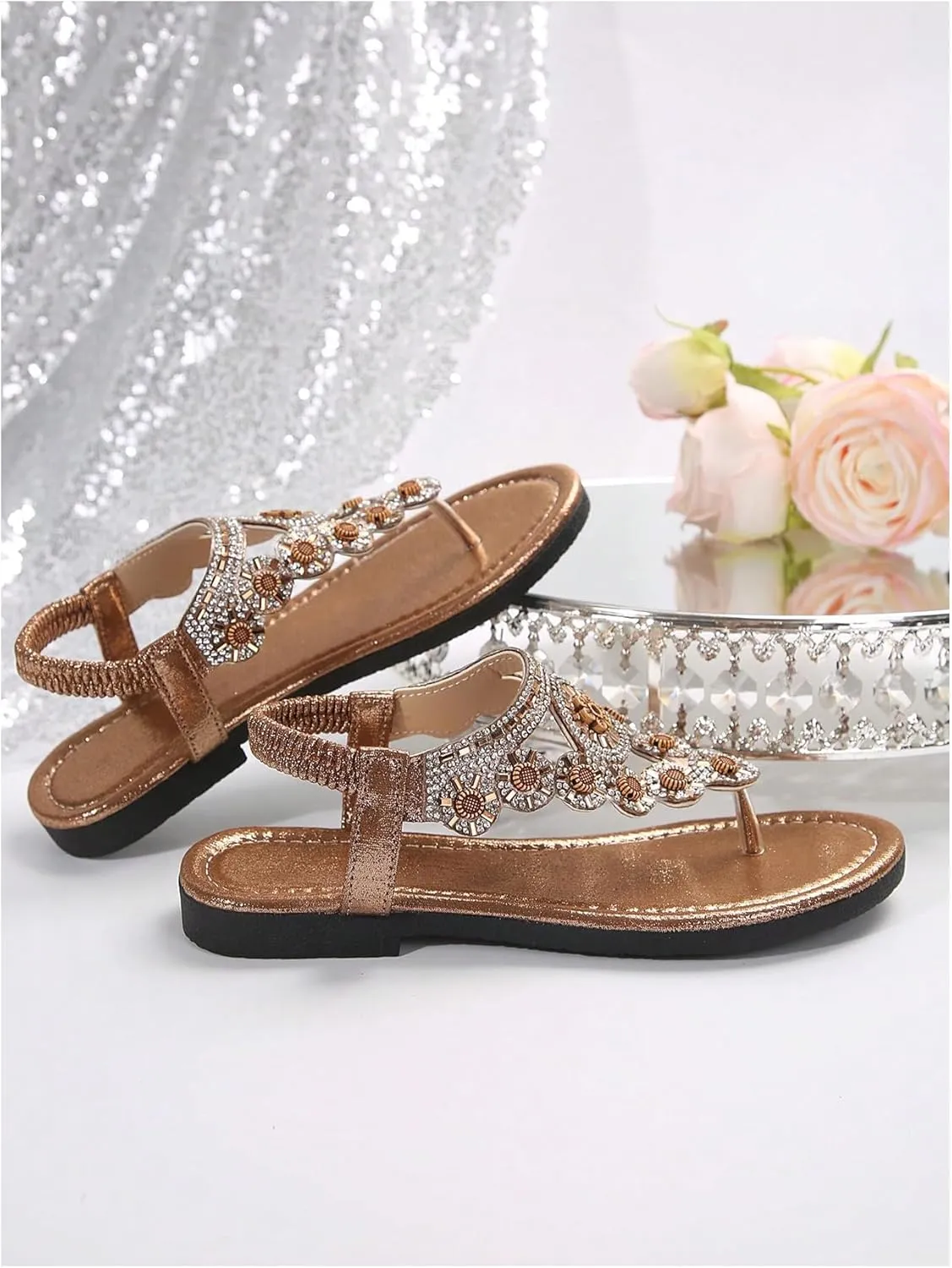 GORGLITTER Women's Floral Rhinestone Thong Flat Sandals Boho T Strap Cut Out Dressy Flip Flops