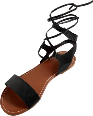 GORGLITTER Women's Lace Up Leather Sandal Dressy Strappy Cross Open Toe Flat Sandals