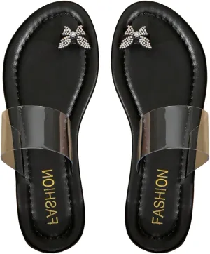 GORGLITTER Women's Rhinestone Butterfly Pearls Flat Sandals Clear Transparent Dressy Open Toe Slides