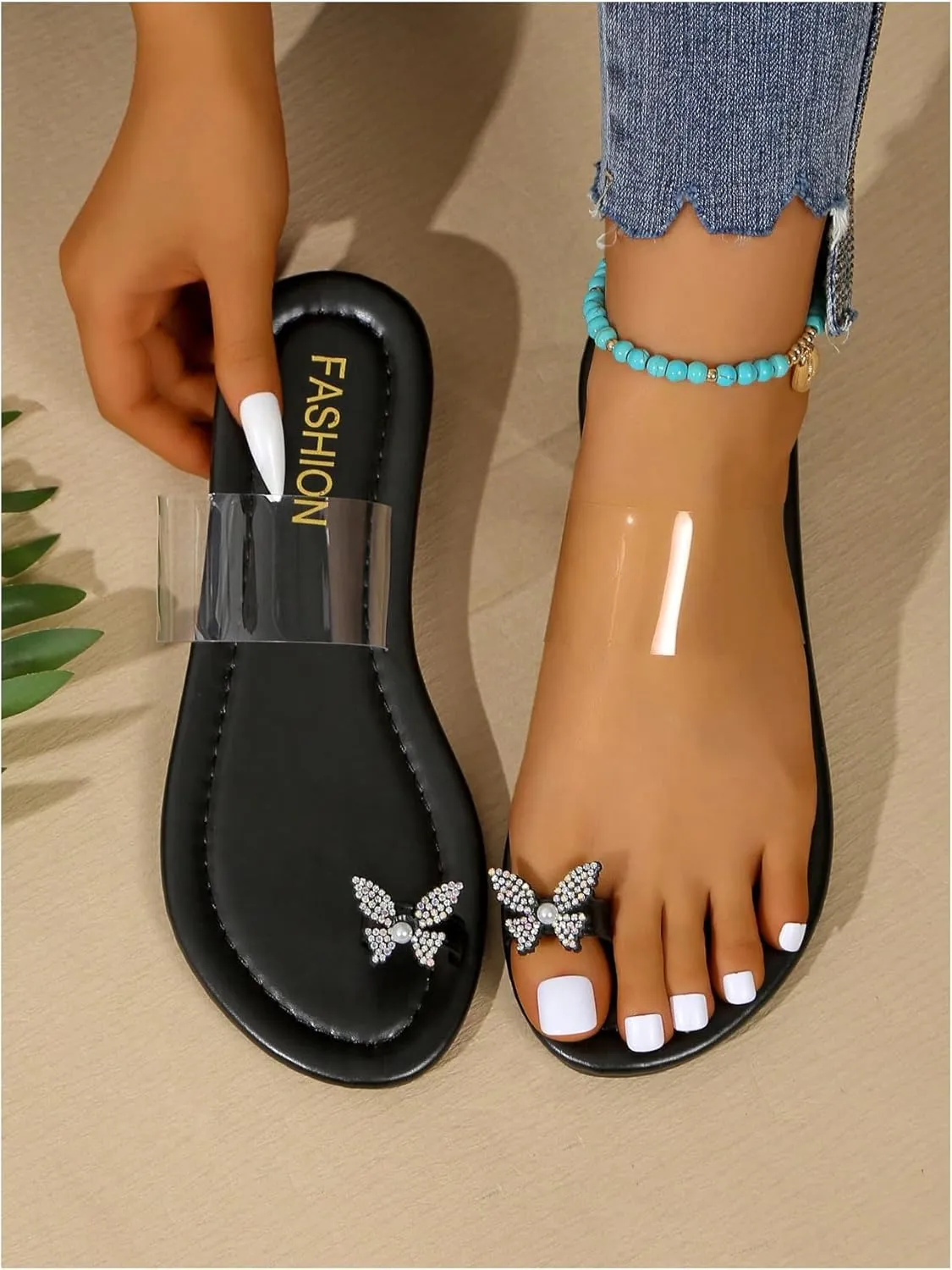 GORGLITTER Women's Rhinestone Butterfly Pearls Flat Sandals Clear Transparent Dressy Open Toe Slides