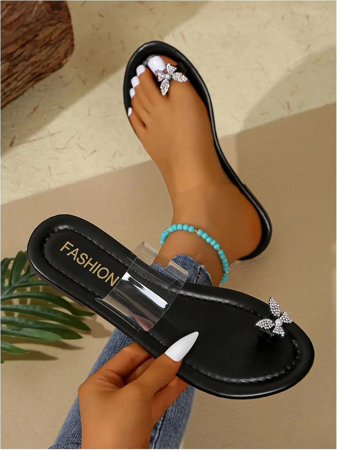 GORGLITTER Women's Rhinestone Butterfly Pearls Flat Sandals Clear Transparent Dressy Open Toe Slides