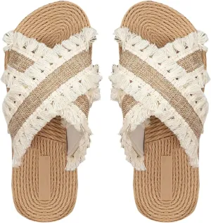 GORGLITTER Women's Summer Beach Flat Cute Sandals 2025 Color Block Tassel Decor Boho Flat Slides