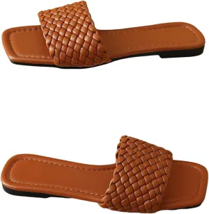 GORGLITTER Women's Summer Brown Beach Flat Sandals Vacation Braided Dressy Flats Slide