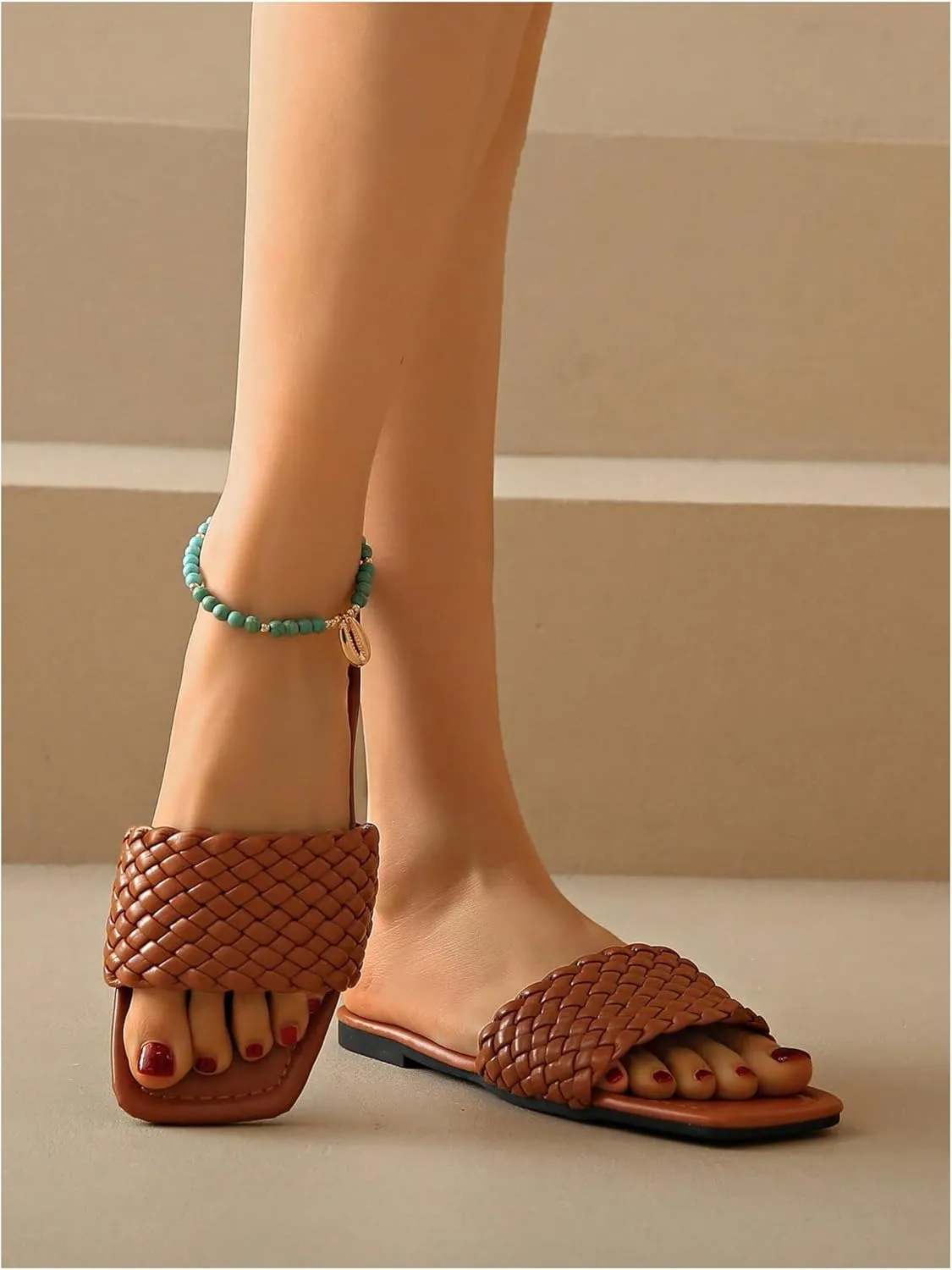 GORGLITTER Women's Summer Brown Beach Flat Sandals Vacation Braided Dressy Flats Slide