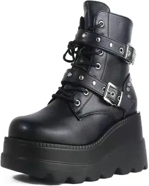 Goth Ankle Boots for Women, Platform Chunky High Heel Combat Boots, Black Punk Lace Up Wedge Rave Boots Shoes - DIY, Bat Buckle, Side Zip, US5.5-10