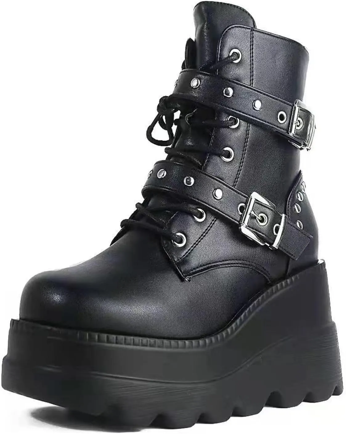 Goth Ankle Boots for Women, Platform Chunky High Heel Combat Boots, Black Punk Lace Up Wedge Rave Boots Shoes - DIY, Bat Buckle, Side Zip, US5.5-10